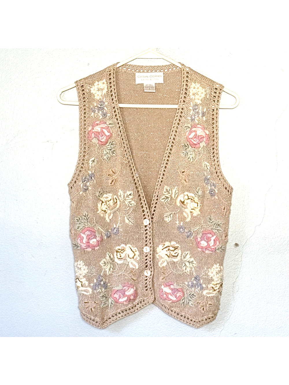 Casual Corner Sweater Vest Small Tan Floral Embroidered Gold Rayon Cotton Granny